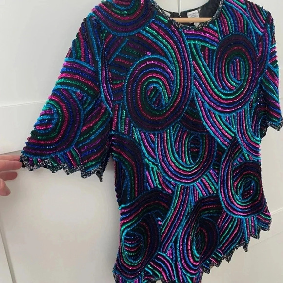 80’s Vintage Black With Colorful Sequins Silk Top Size M New Year’s Party Retro - Picture 2 of 12